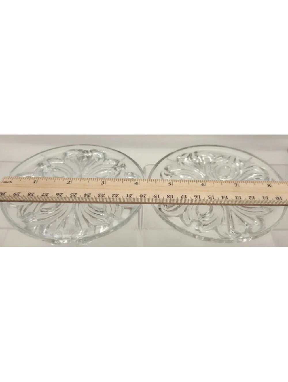Pair Clear Pressed Glass Round Candle Holders Coasters Raised Floral Scroll